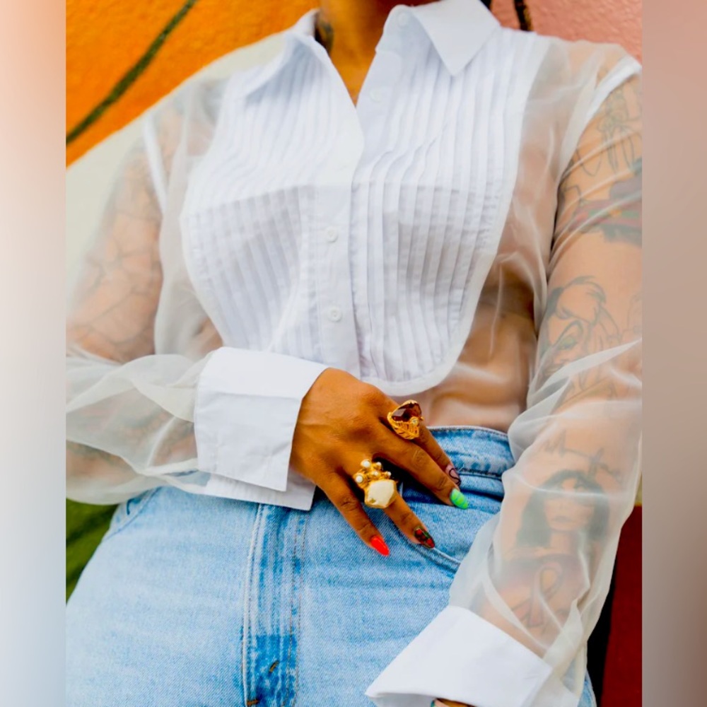 Tuxedo Blouse with Sheer sleeves